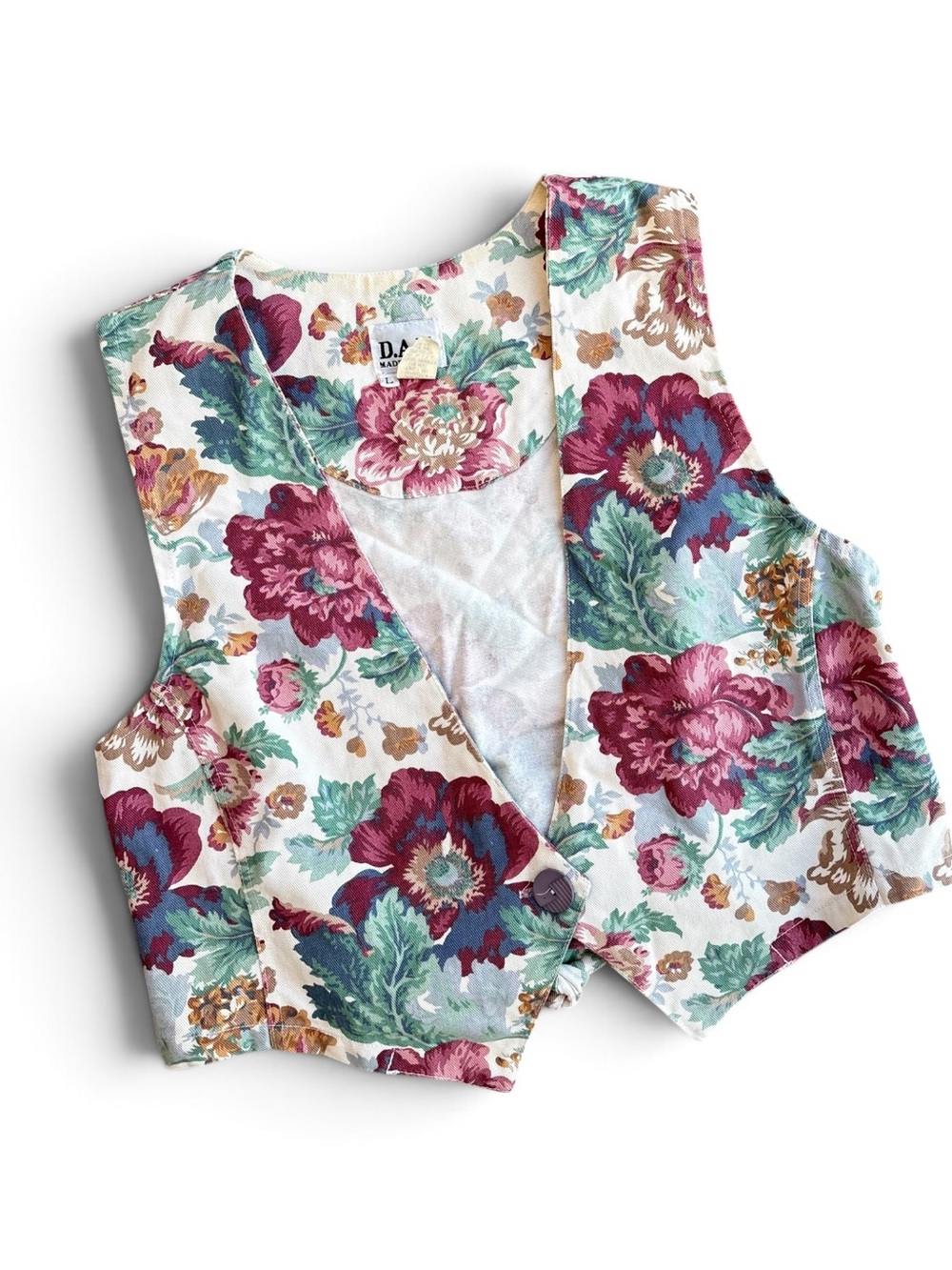 Vintage D.A.K. Denim Floral Vest Large Made USA 100% Cotton Cottagecore 90s